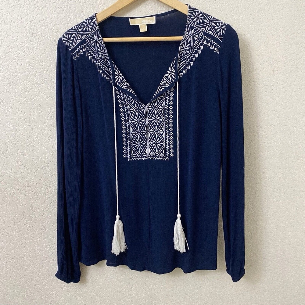 MICHAEL Michael Kors Embroidered Top Size Small Navy Blue Tassels